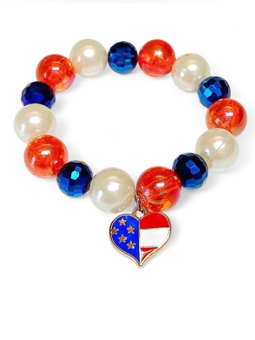 Handmade Girls Patriotic Heart Flag Bracelet Red White Blue Stretch America 250